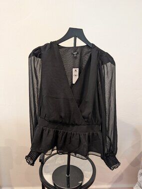 EXPRESS Sheer Sleeve Wrap Blouse • Black • Size M • NWT